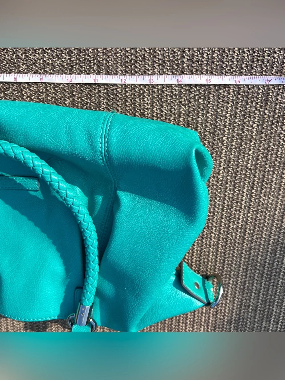 Liz Claiborne teal leather handbag with braided handles and tassel